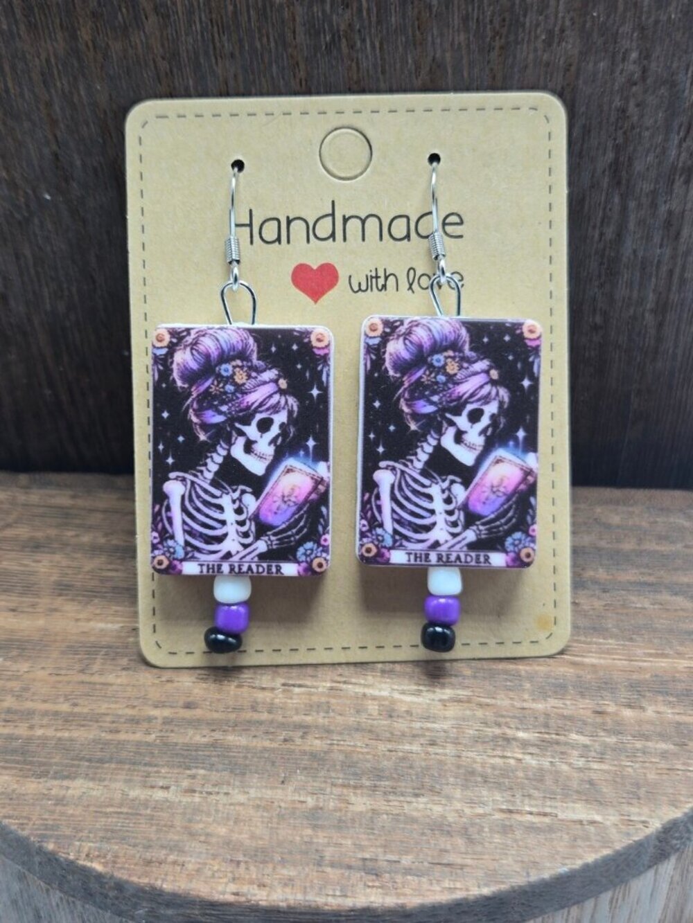 NWT The Reader Tarot Card Earrings Pierced Skeleton Lady Dangle Drop Light OOAK